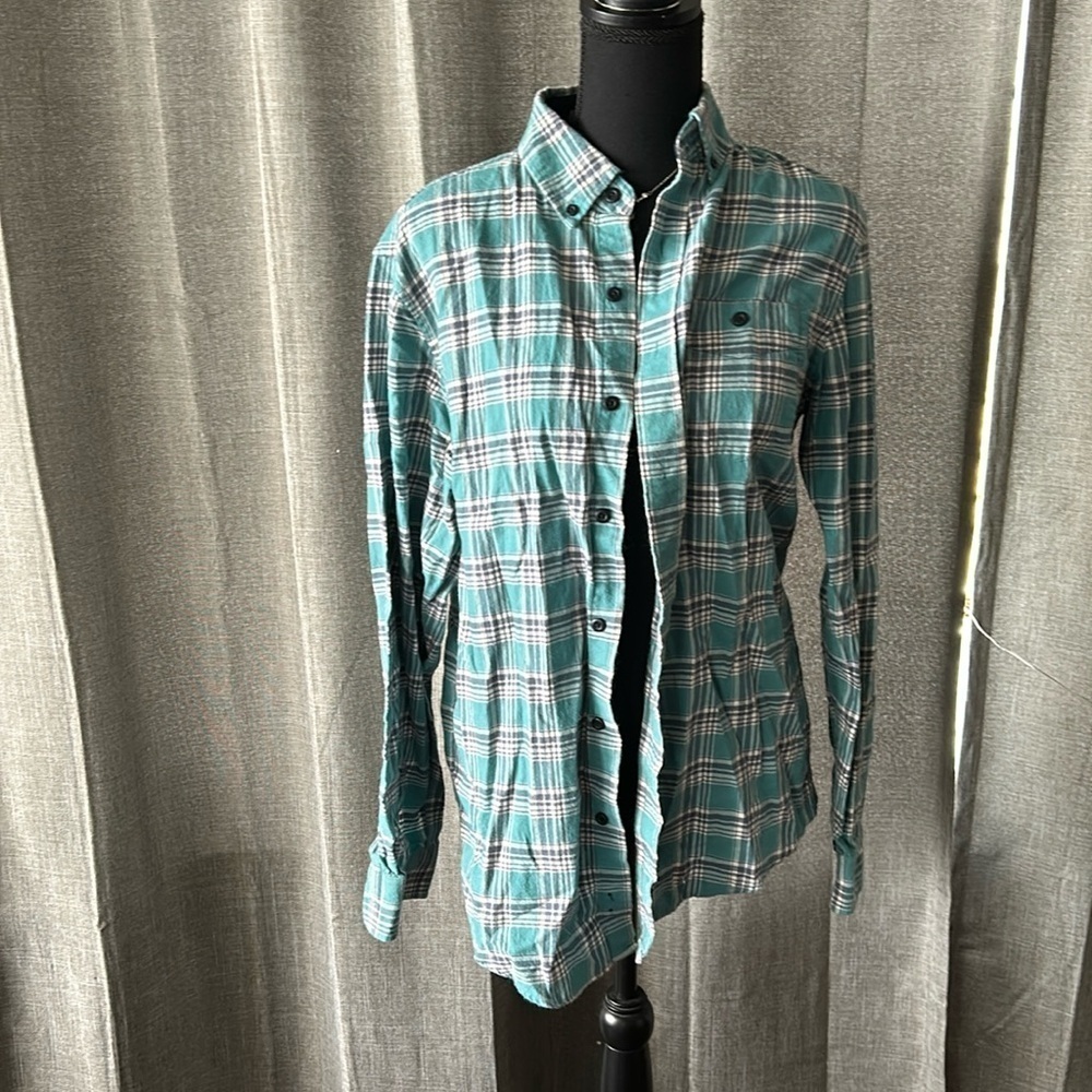 Blue Green Slightly Fitted L.L. Bean Plaid Button Up